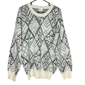 Vintage Damon Big Man Sweater Men 1X Wool Blend Grandpa Sweater Diamond Gray 90s